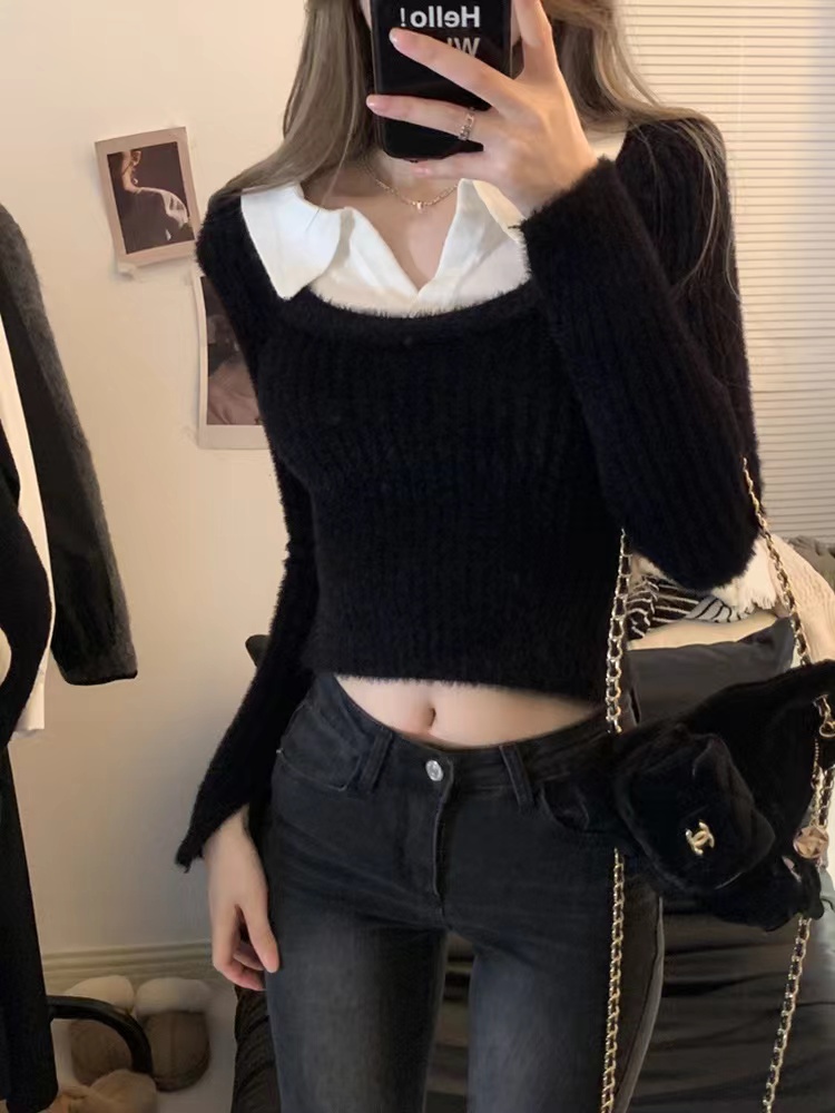 假兩件POLO領短款毛衣女秋冬純欲辣妹緊身內搭打底衫短款長袖上衣