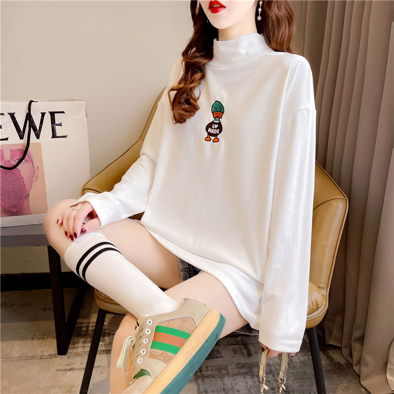 Real shot 2024 spring Korean style loose double-sided German velvet round neck warm splicing long-sleeved bottoming shirt T-shirt for women