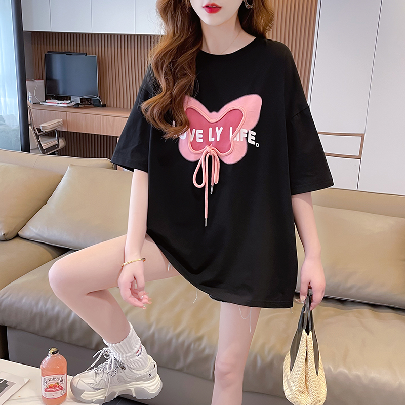 實拍2024夏季100%純棉 韓版中長款重工印花短袖T恤女
