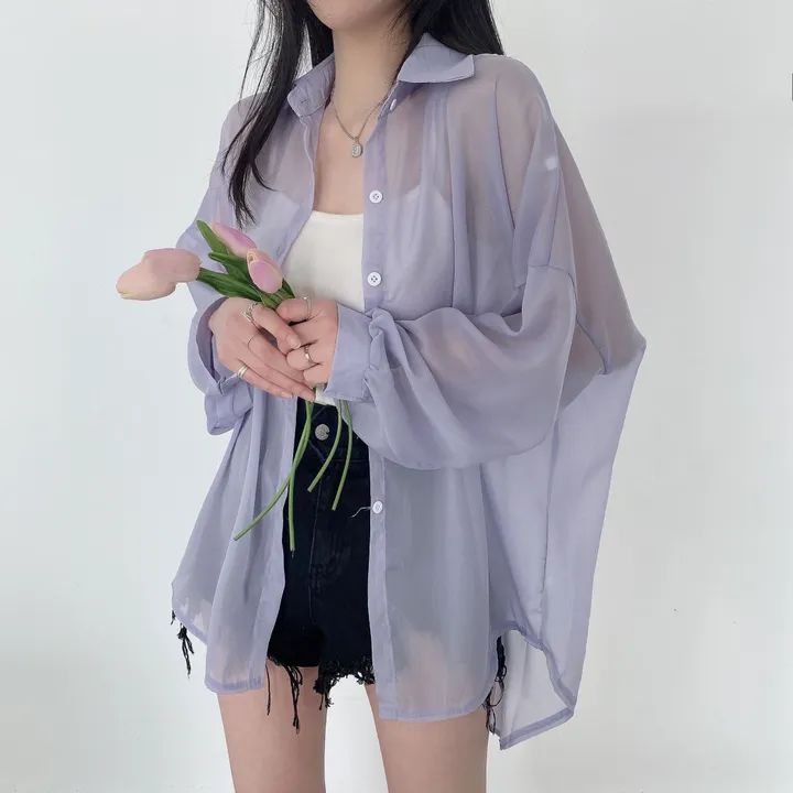 Korean chic solid color lazy loose long-sleeved shirt candy color thin and light sun protection shirt