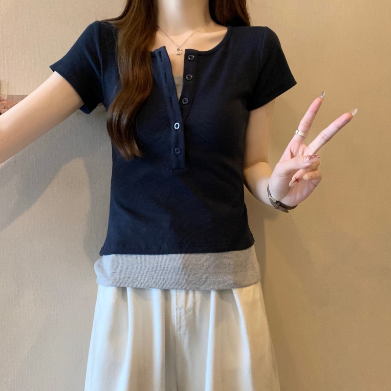 實拍2024夏季40支純棉撞色拼接假兩件短袖美式上衣T恤女