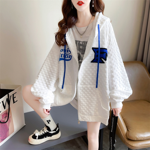 Actual shot 2024 spring Korean style loose waffle double hood letter embroidered large size thin jacket for women