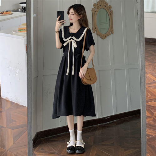 Belted doll collar dress for women summer new style waist slimming A-line skirt age-reducing fairy long skirt