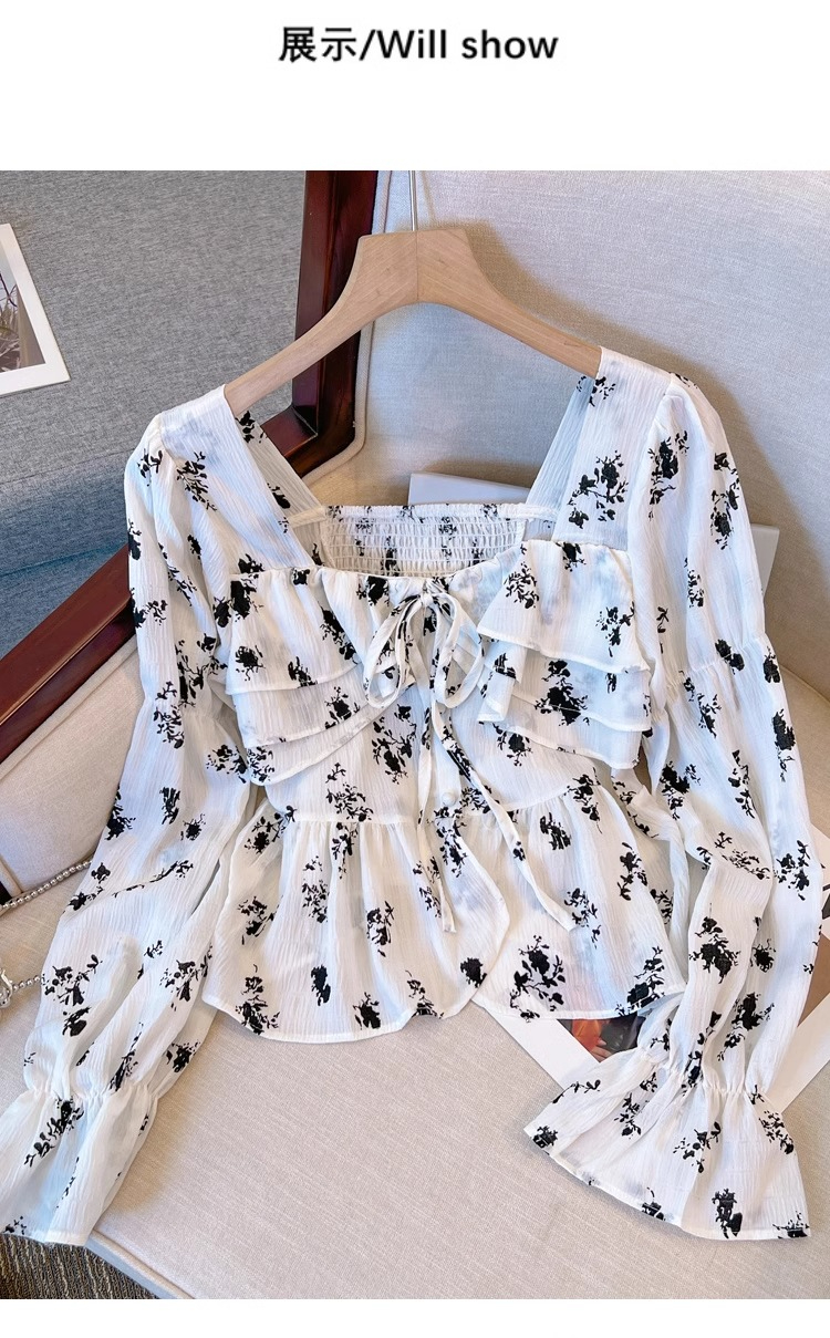 Original workmanship French sweet floral ruffle women's spring short square neck trumpet sleeve chic babydoll shirt