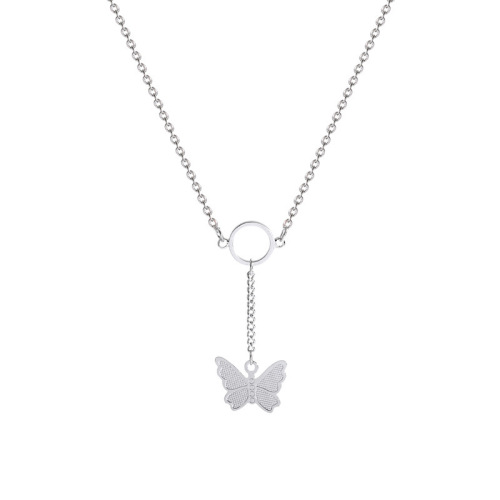 Actual shot of ins style simple necklace with silver butterfly tassel clavicle chain and the same design