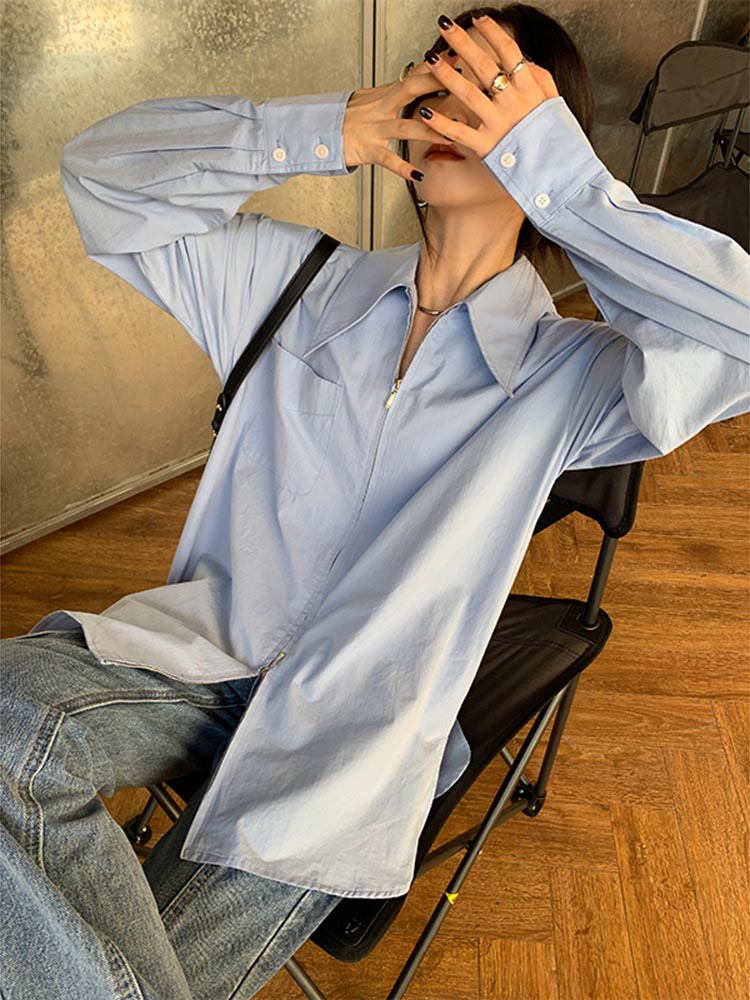 Designed pointed collar double zipper pure cotton shirt women's niche loose early spring casual solid color top