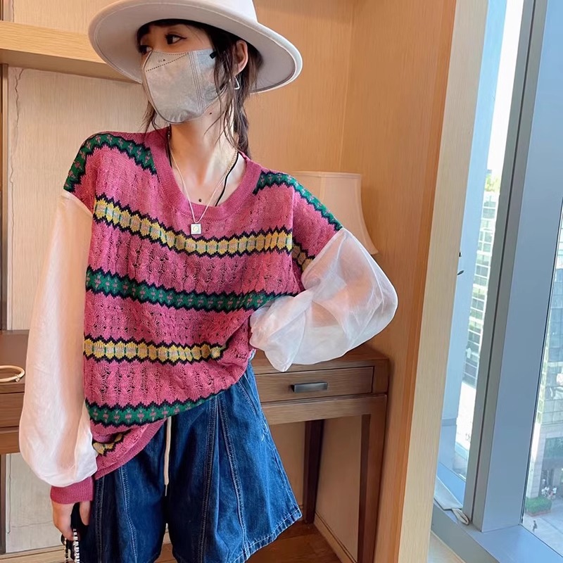 Retro Hong Kong style striped contrast color long-sleeved top T-shirt for women new style small fragrance fashion slimming fake two-piece sweater