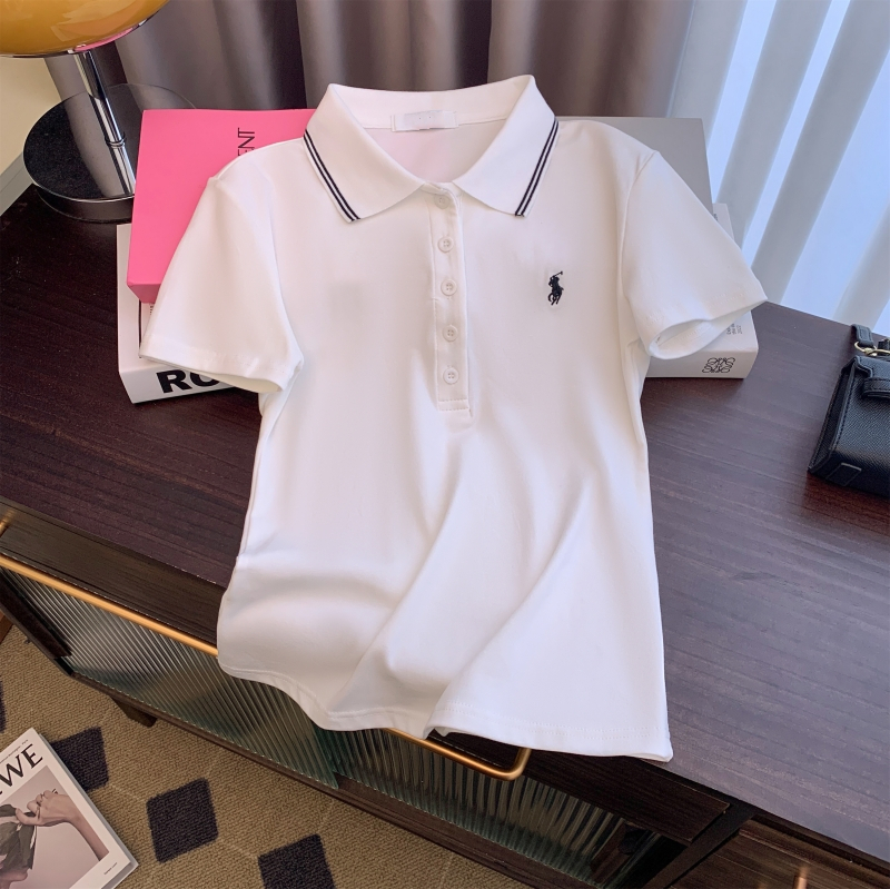 實拍  40支純棉 2024夏裝polo領短袖T恤女刺繡小眾上衣