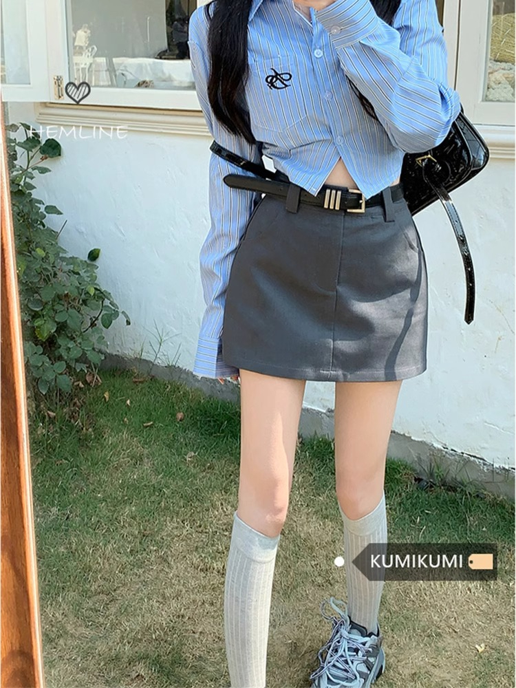 灰色西裝裙半身裙女夏季高腰a字裙黑色短裙小個子包臀裙顯瘦裙子