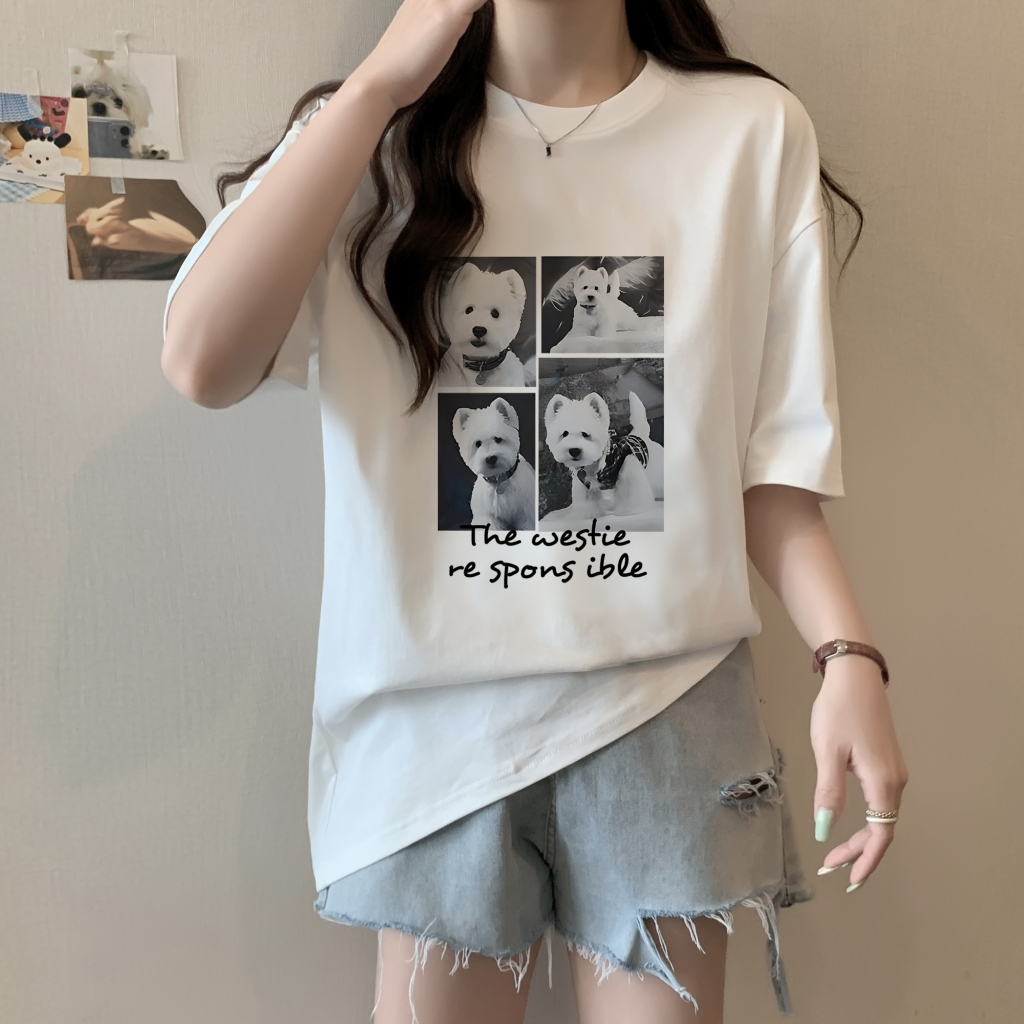 100% cotton combed cotton printed summer short-sleeved T-shirt for women loose Korean style
