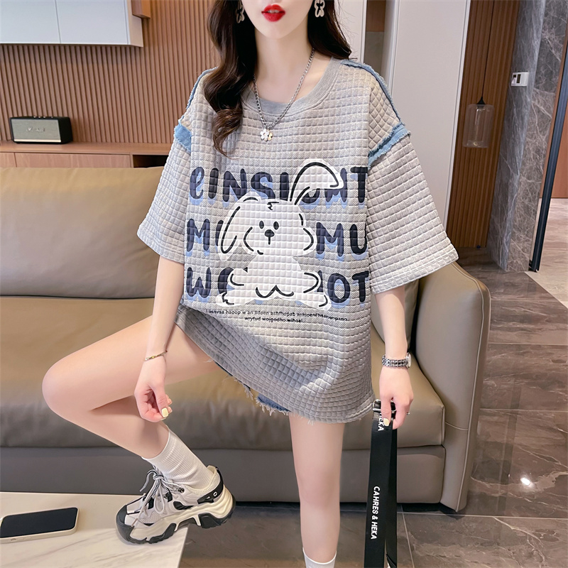 實拍2024夏季韓版提花上衣女寬鬆牛仔拼接印花t恤女