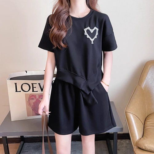 Original workmanship casual sportswear suit women's summer design irregular short-sleeved shorts two-piece suit