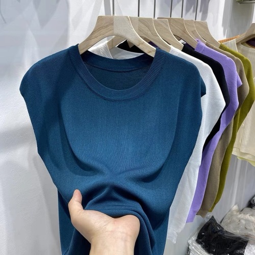French ice silk beaded sweater for women in summer thin round neck half-sleeved T-shirt with elastic drape and skirt top