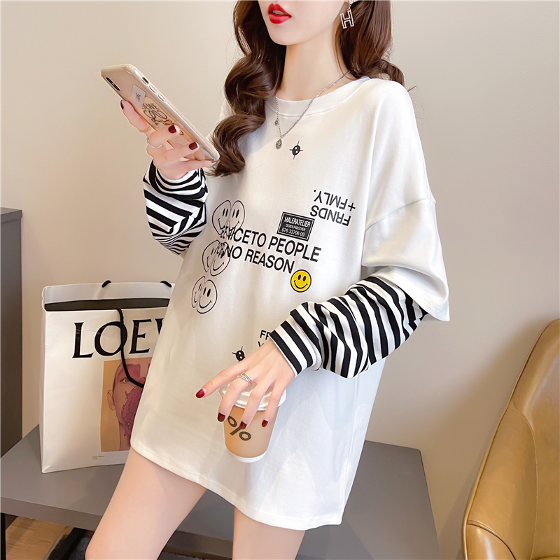 Real shot 2024 spring Korean style loose double-sided German velvet round neck warm splicing long-sleeved bottoming shirt T-shirt for women