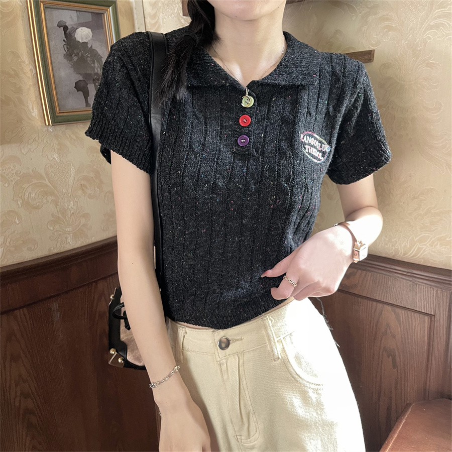 Real shot of gentle wind and snowflake dot Polo collar knitted short top for women with slimming temperament and short sleeves