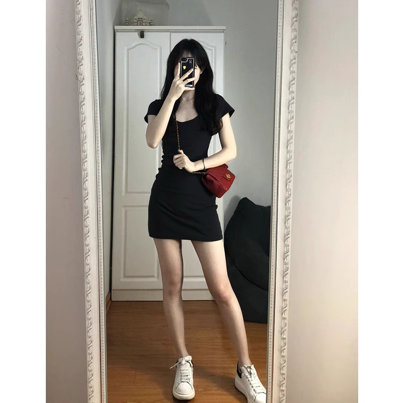 官圖 純棉 修身連衣裙女小黑裙