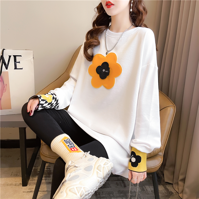 Real shot 2024 spring Korean style loose double-sided German velvet round neck warm splicing large size long-sleeved bottoming shirt T-shirt for women