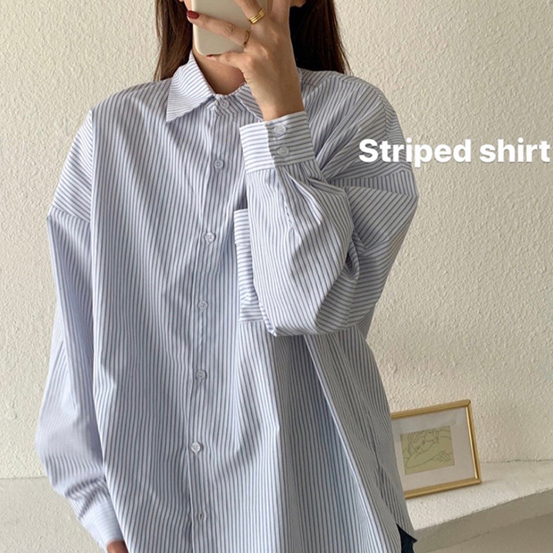 條紋襯衫女外穿復古港味外套春秋季設計感百搭長袖上衣服