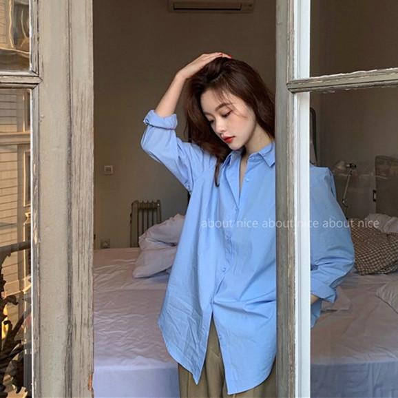 鹽系藍色襯衫女設計感小眾輕熟復古港味職業襯衣外套法式上衣