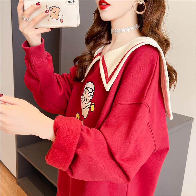 Actual shot 2024 spring Korean style doll collar cartoon print loose large size women's long sleeve thin sweatshirt for women