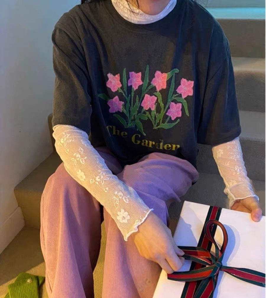 INS韓國東大門！春夏新款甜美減齡圓領復古花朵印花短袖T恤女