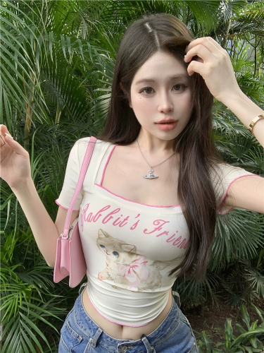 Cream White Cute Cat Print Square Neck T-Shirt Women's Summer Waist Closed Soft Waxy Short Top