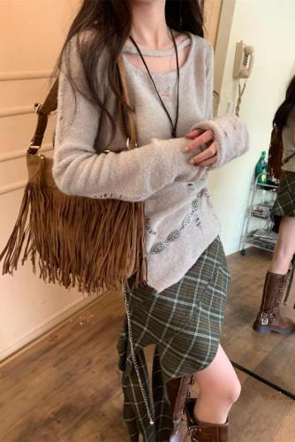 Real shot of lazy style ripped long-sleeved pullover retro sweater + irregular design plaid skirt