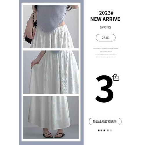 White culottes for women, summer thin, small, pleated A-line skirt, cotton and linen high-waisted straight drapey wide-leg pants