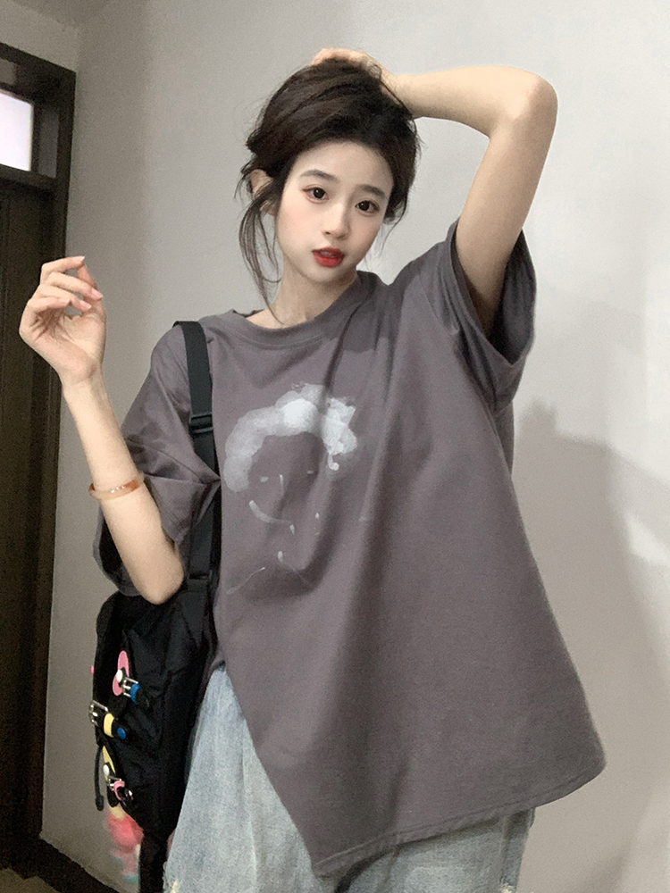 原創~實拍~印花開叉純棉短袖T恤女印花半袖上衣