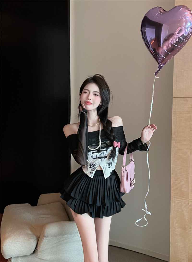 實拍  暗黑辣妹套裝黑色坎肩掛脖背心減齡顯瘦半身裙套裝
