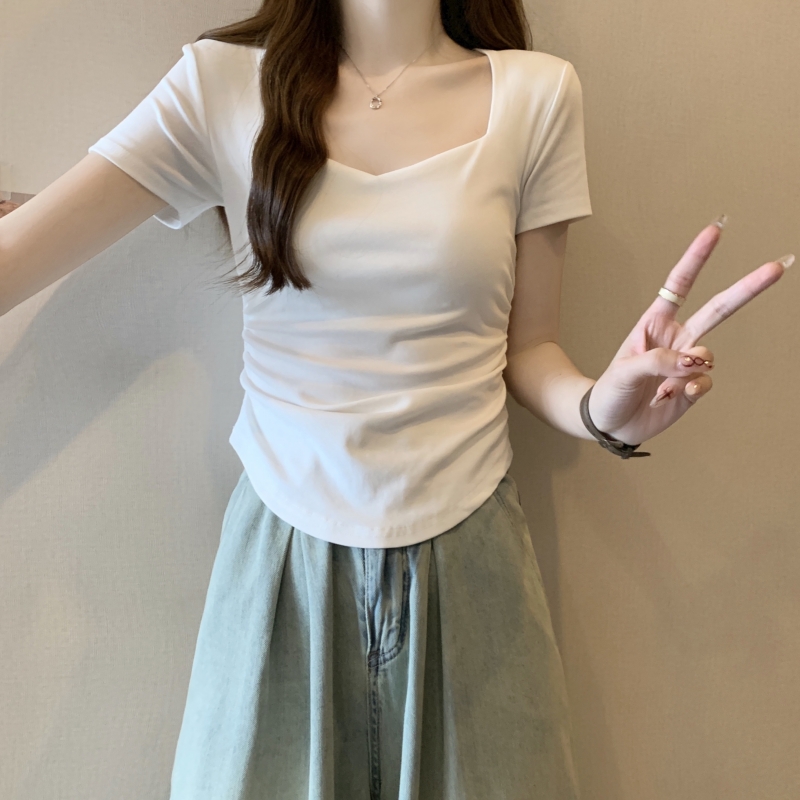 實拍2024夏季40支純棉褶皺修身桃心領短袖T恤女鎖骨