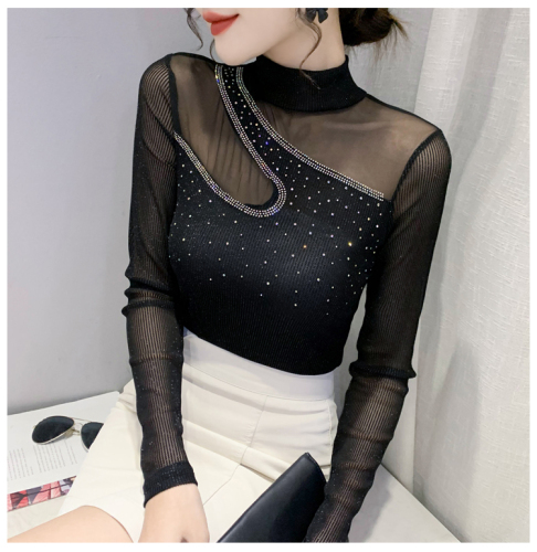 Original workmanship lace bottoming shirt for women in spring and autumn European style long-sleeved T-shirt with sexy inner mesh shirt