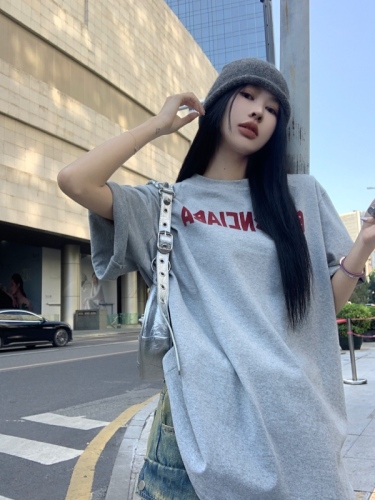Real shot Korean style loose casual T-shirt, lazy, simple and comfortable letter printed bottoming top
