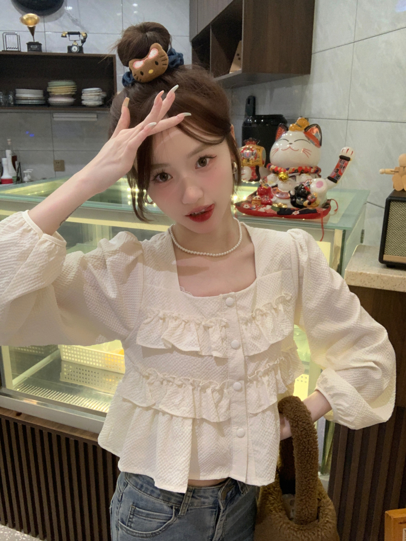 Actual shot~Spring new style French square neck puff sleeve ruffle design chic long-sleeved temperament top