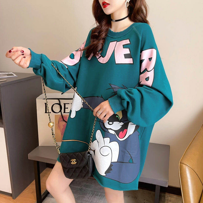 Actual shot 2024 spring Korean version Korean loose cartoon print mid-length plus size women's thin sweatshirt for women