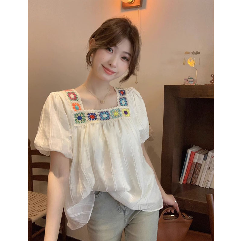 原版做工大碼法式方領短袖襯衫女設計感小眾夏胖mm遮肚顯瘦上衣