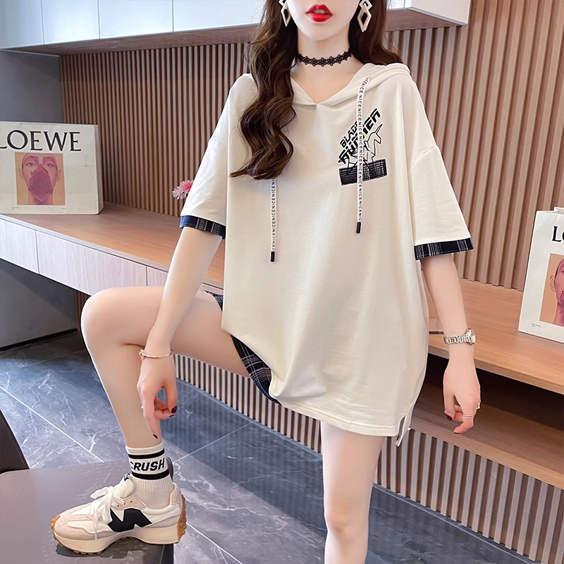 實拍2024夏季韓版寬鬆假兩件拼接格子大碼女裝中長款短袖T恤女