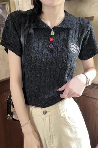 Real shot of gentle wind and snowflake dot Polo collar knitted short top for women with slimming temperament and short sleeves