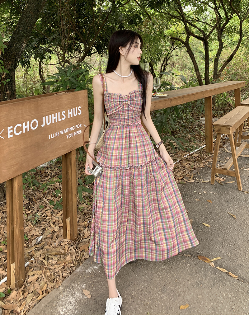 Real shot plaid tube top high waist suspender dress pleated waist slimming long skirt