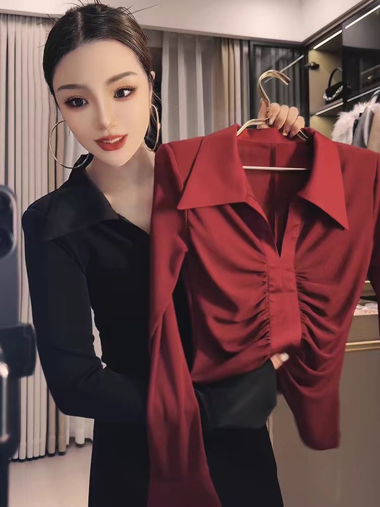 歐貨翻領褶皺長袖拼接T恤女2024春季新款修身顯瘦打底衫純欲上衣