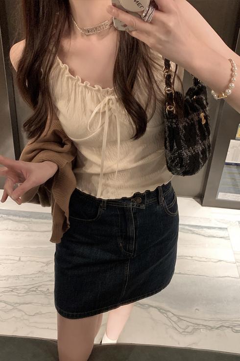 官圖春夏季木耳邊吊帶背心女v領蝴蝶結內搭純欲無袖上衣女