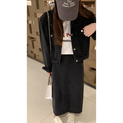 Salt Style Outfits Small Sweet and Spicy Denim Suit for Women 2024 Autumn New Hong Kong Style Jacket and Skirt Two-piece Set