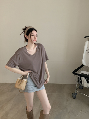 Real shot Basic solid color Korean style new V-neck versatile short-sleeved bottoming loose T-shirt top