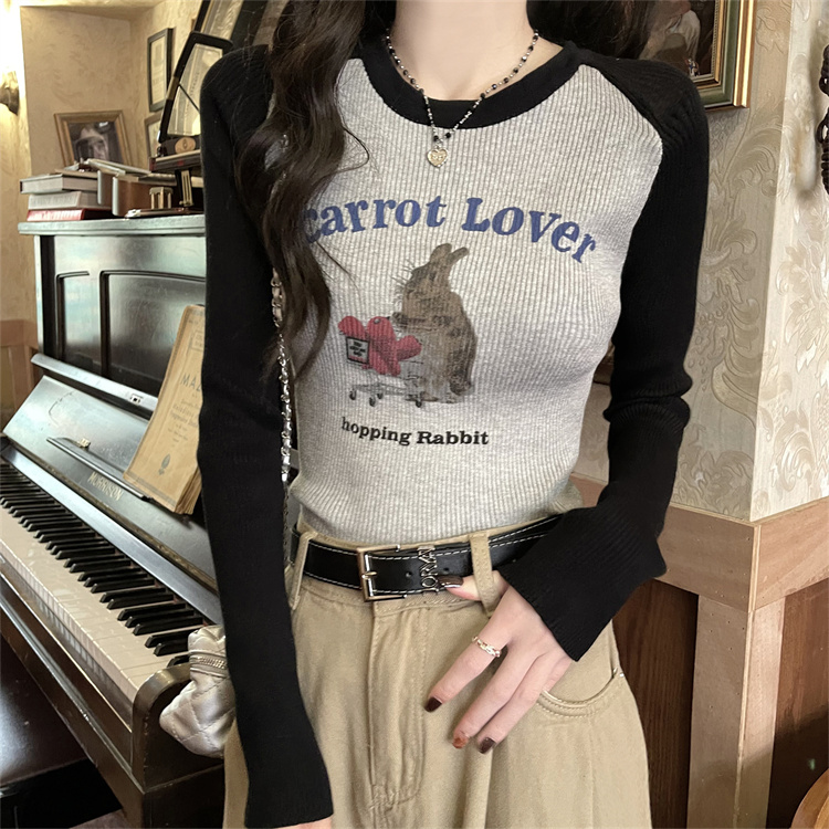 Real shot of inner right shoulder bottoming T-shirt for women in autumn and winter American retro hottie raglan long-sleeved top ins