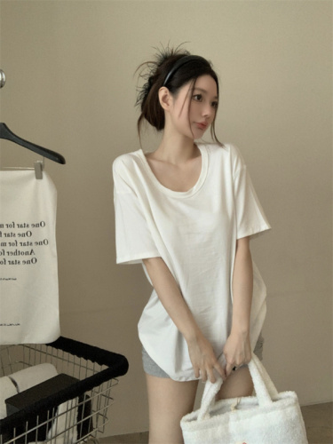 Real shot Basic solid color Korean style new V-neck versatile short-sleeved bottoming loose T-shirt top