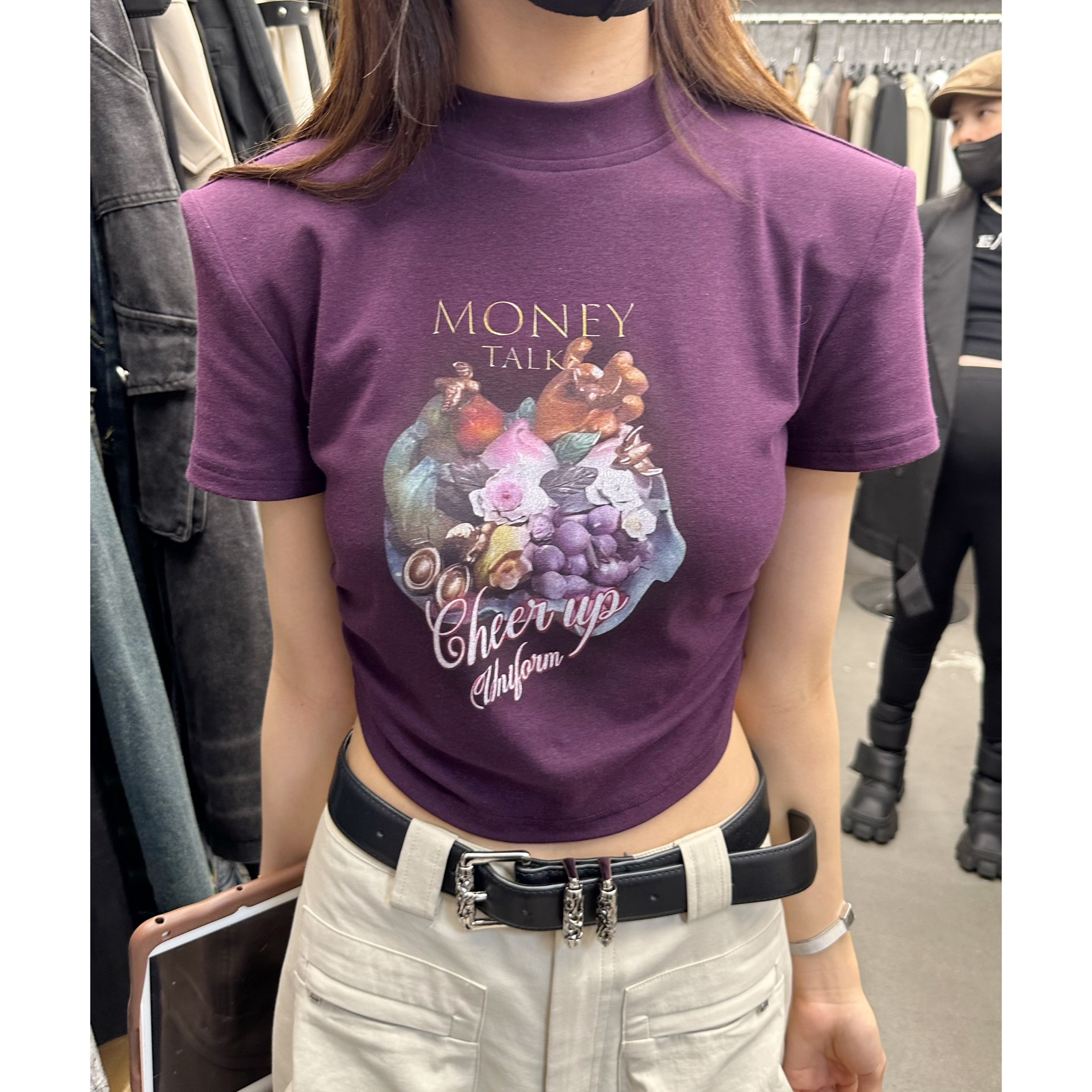 十三行印花短袖t恤女夏季2024墊肩小衫短款褶皺設計感小眾女上衣