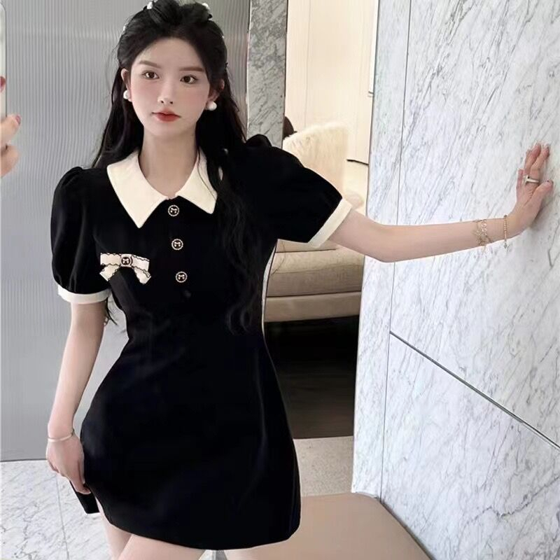 學院風甜美時尚polo領短袖連衣裙夏季新款女收腰顯瘦A字小黑裙