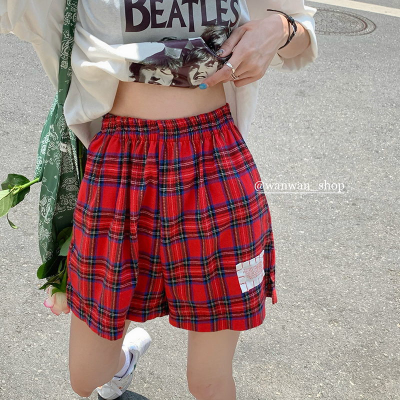 可愛紅色格子休閒短褲女夏季鬆緊腰韓版寬鬆高腰甜美