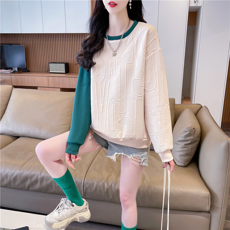 實拍2024春裝螺紋CVC韓版寬鬆提花拼接華棉小設計薄款衛衣女