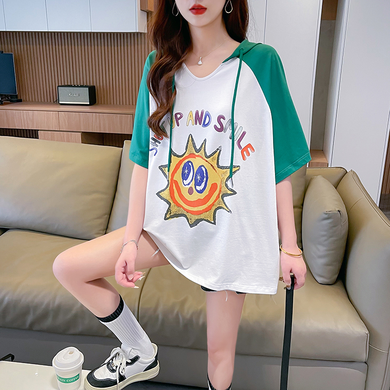 實拍2024夏季100%純棉韓版中長款撞色連帽T恤女